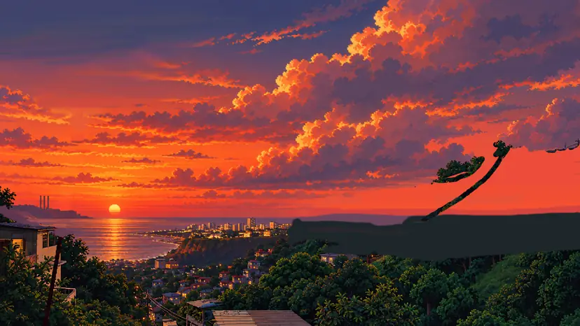 Atardecer en pixel art, la ilustración del hero de este sitio