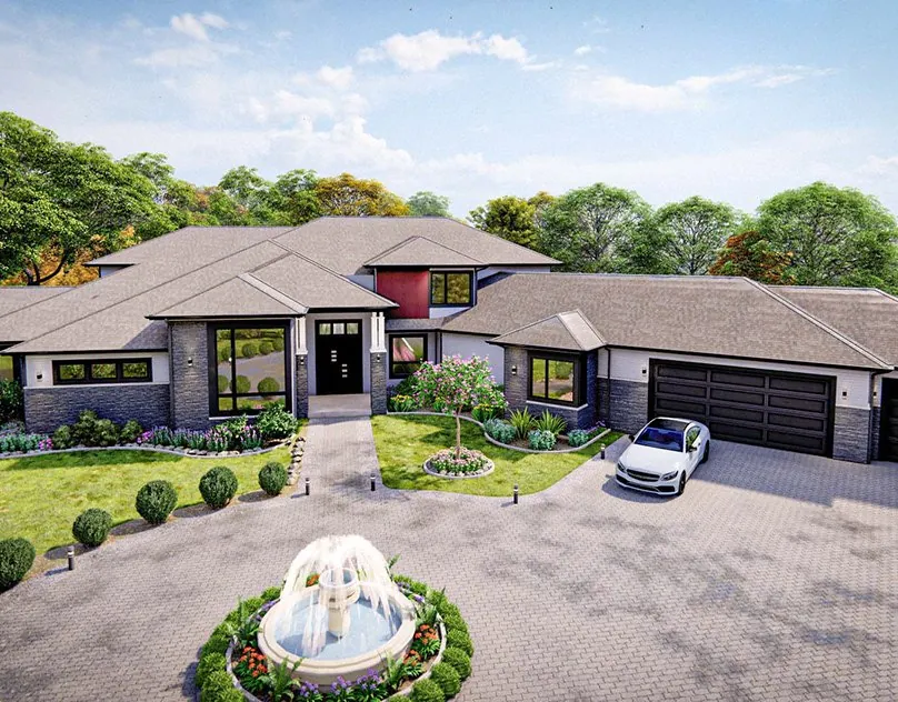 Render de una vivienda unifamiliar con jardín y fuente